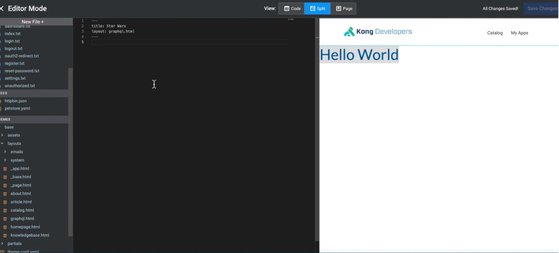 Kong Dev Portal GraphQL Editor "Hello World"