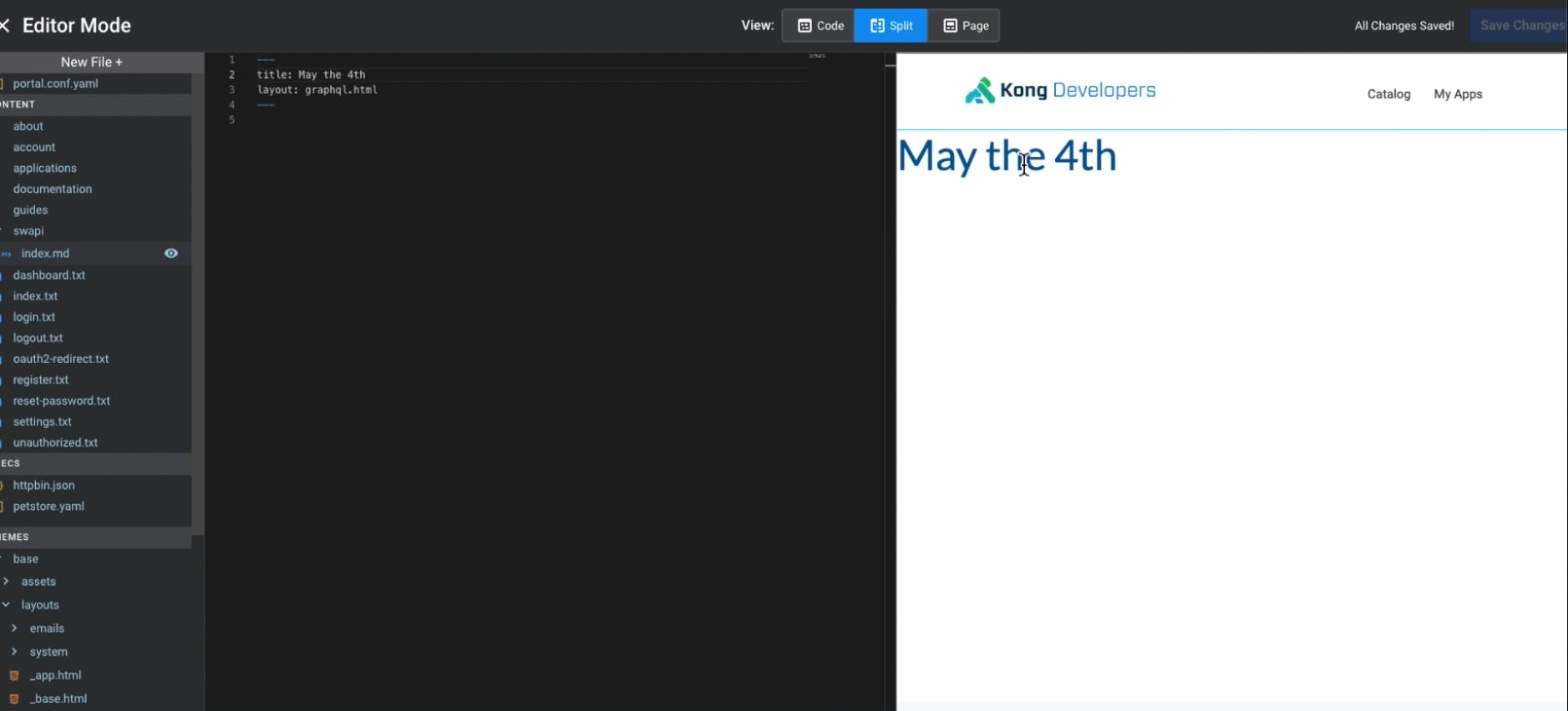 Kong Dev Portal GraphQL Editor "May the 4th"